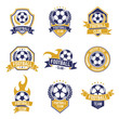 © WinWin - Football team labels. Soccer ball club logo, sport leagues championship stickers, football competition shield emblems vector isolated icon set. Game shield label championship and team soccer league