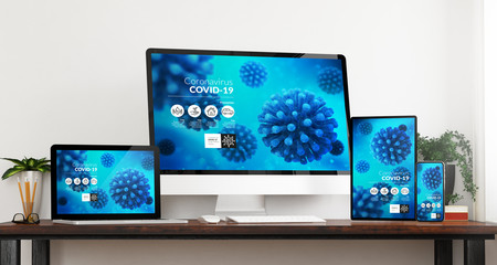 front view covid 19 info website devices mockup