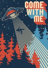 Wall Mural - ufo abducts man colorful poster