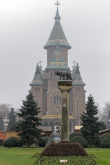 The Capitoline Wolf (she-wolf with Romulus and Remus) with the metropolitan orthodox cathedral in the background