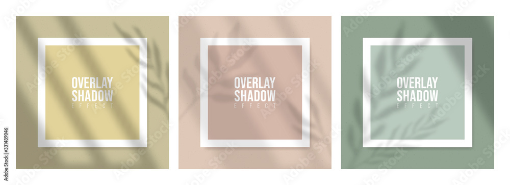 Square Paper Mockup with realistic shadows overlays leaves on beige background. Vector Shadow Of A Tropical Plant. Template Flyer, Poster, blank, social media post, logo template in a trendy style - obrazy, fototapety, plakaty 
