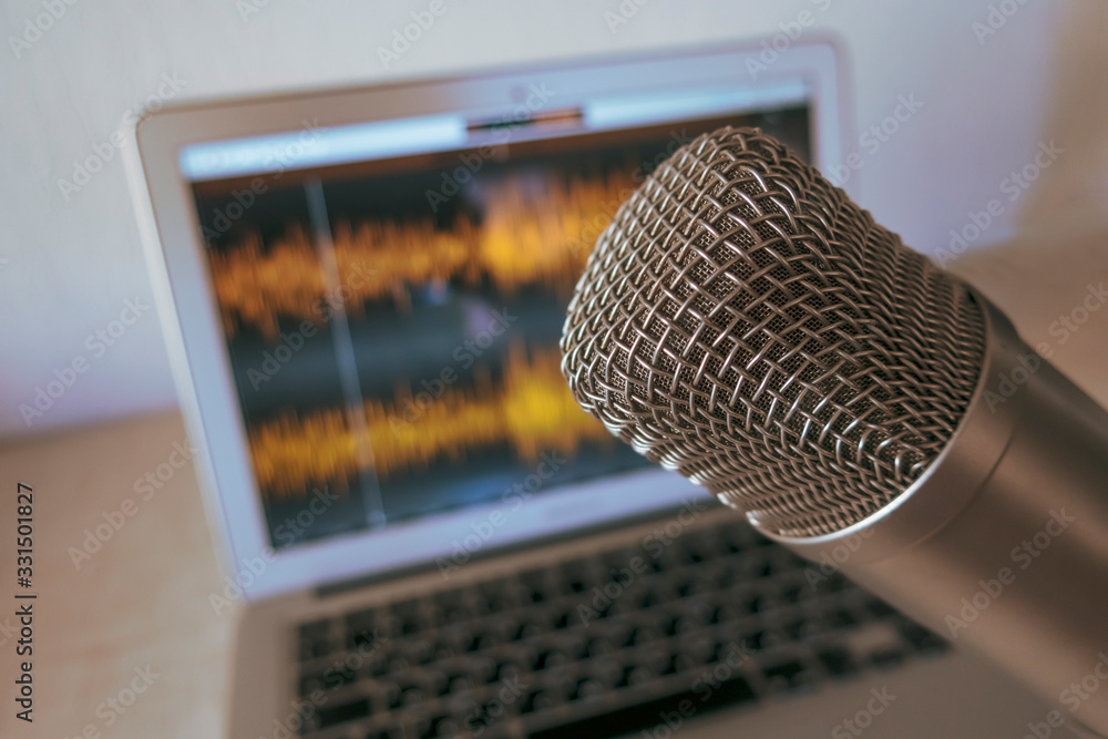 professional microphone and sound wave on a computer screen Stock Photo ...
