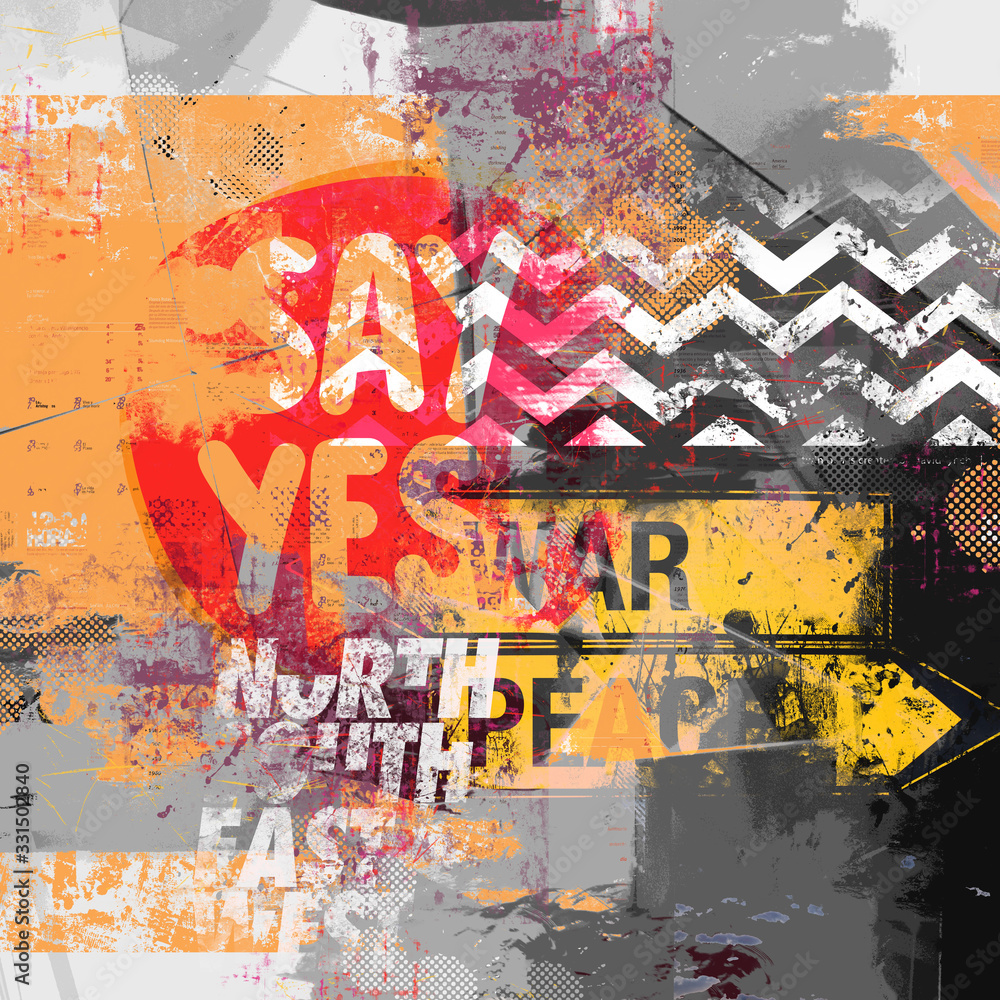 Modern digital collage with typo elements and symbols on a grunge textured background