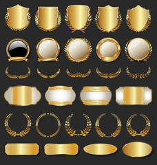 Wall Mural - Collection of Golden badges labels laurels shield and metal plates