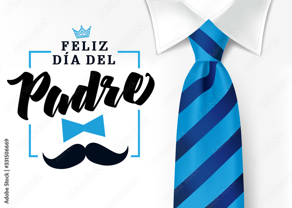 The best Dad in the World - World`s best dad - spanish language. Happy fathers day - Feliz dia del Padre - quotes. Congratulation card, sale vector. Mens shirt and blue tie with text, crown & mustache - obrazy, fototapety, plakaty 