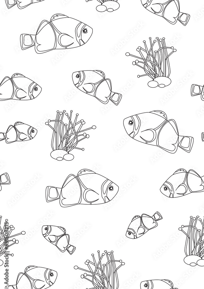 Coloring Page with Seamless Pattern with Amphiprion Nemo Fish and ...