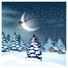 Wall Mural - Winter landscape with houses, Santa Claus in night sky and decorated fir-tree. Snowy country scene illustration. Christmas Eve concept. For websites, wallpapers, posters or banners.