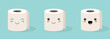 Set of three Cute kawaii Rolls of white toilet paper with a smiling face on a colored background. Flat vector stock illustration
