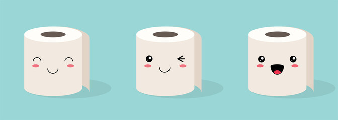Set of three Cute kawaii Rolls of white toilet paper with a smiling face on a colored background. Flat vector stock illustration