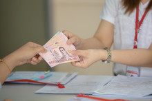 Pay Cash Concept. Thai Baht Cash On Hand Thai Baht Exchange For Business