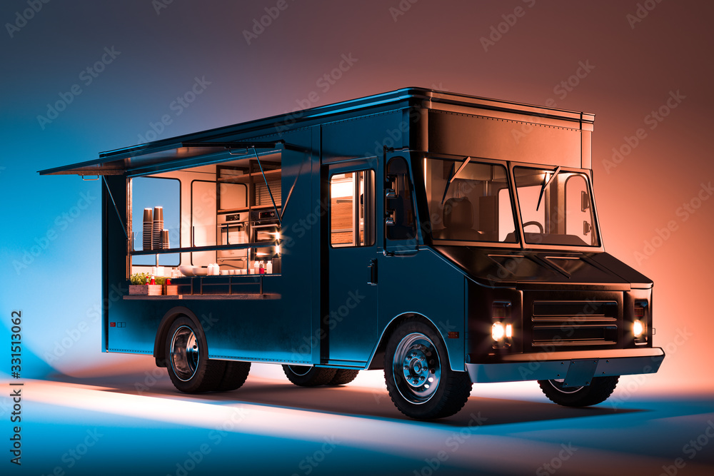 Black Food Truck With Detailed Interior Isolated on Illuminated Background. Takeaway food and drinks. 3d rendering. - obrazy, fototapety, plakaty 
