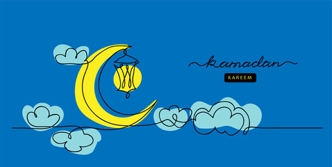 Wall Mural - Ramadan simple, minimalist blue vector background with lantern, crescent, moon, clouds. One continuous line drawing.