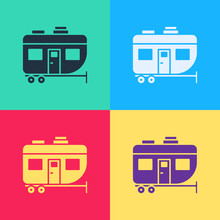 Pop Art Rv Camping Trailer Icon Isolated On Color Background. Travel Mobile Home, Caravan, Home Camper For Travel. Vector Illustration