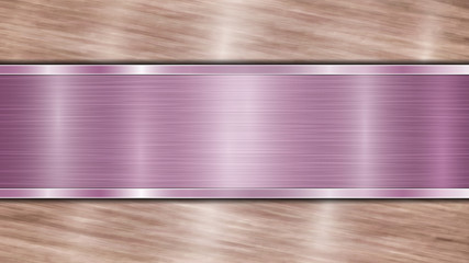 Background consisting of a bronze shiny metallic surface and one horizontal polished purple plate located centrally, with a metal texture, glares and burnished edges