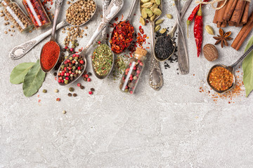 Wall Mural - Different spices, dry kitchen herbs and seeds for tasty meals