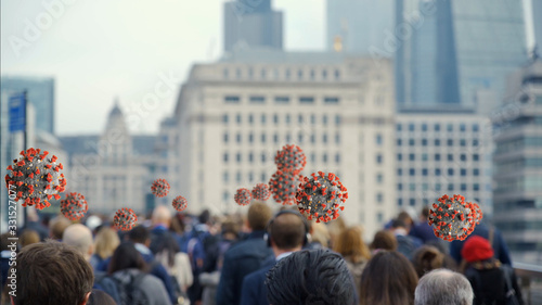 Crowd of people walking together with Coronavirus graphic above their heads. In this version graphics are natural defocused. Other still and video versions available