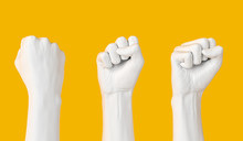 White Female Hand Fist Set Isolated, Woman Rights, Protest, Conflict Or Winner Concept, Girl Power Creative Banner. 3d Illustration