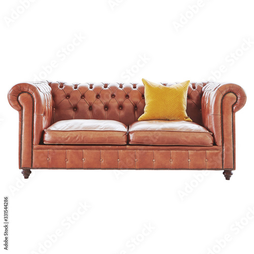 Classic Brown Leather Sofa Bed Isolated, Cushions On Brown Leather Sofas