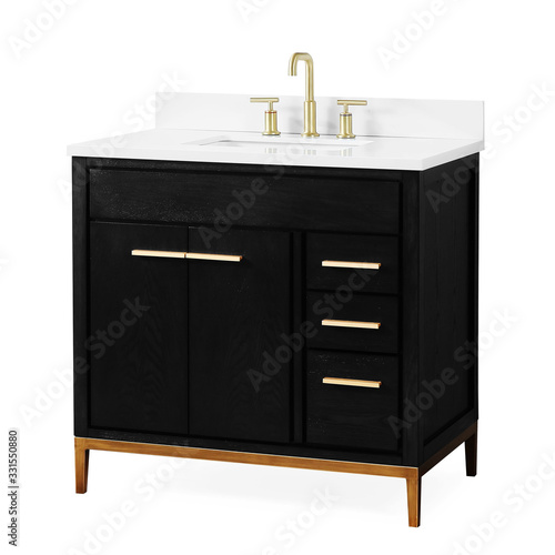 Black Classic Wooden Bathroom Vanity Isolated on White Background. Contemporary Vanity Cabinet with Ceramic Countertop Sink and Gold Faucet. Bathroom Furniture. Cabinet & Drawers for the Essentials