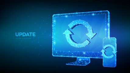 Update, Synchronization, Processing concept. Abstract low polygonal computer monitor and smartphone with update or sync sign. Can be used for topics like refresh recycling reload. Vector illustration.
