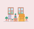 © Grgroup - Living room with chairs and plants vector design