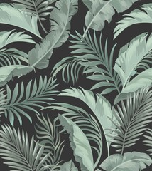 Naklejka na meble Green tropical palm leaves seamless vector pattern on the black background.Trendy summer print.