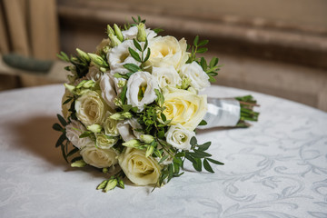 Wall Mural - Colorful wedding bouquet on a table. Bridal bouquet. Luxury royal hotel. Valentine's day, birthday, dating or mother's day decoration