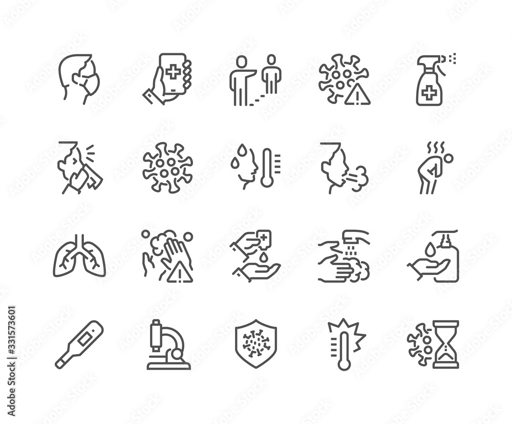 Simple Set of Coronavirus COVID-19 Protection Related Vector Line Icons.  Contains such Icons as Protective Measures, Coronavirus Symptoms, Incubation Period and more. Editable Stroke. 48x48  - obrazy, fototapety, plakaty 