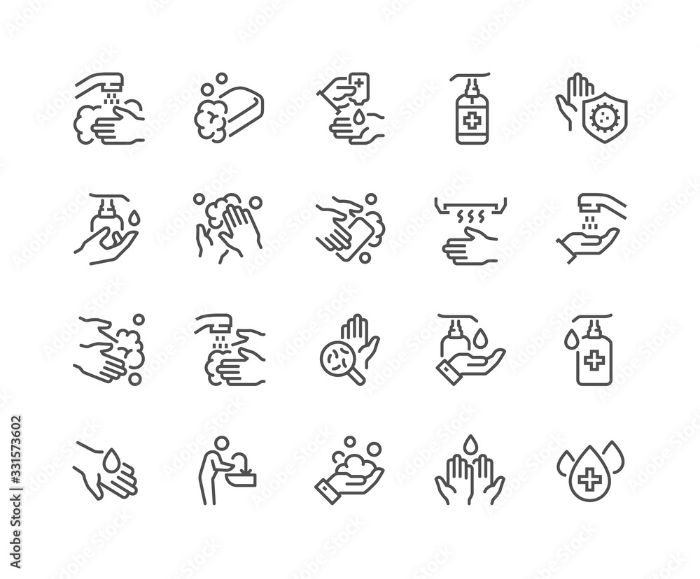 Simple Set of Washing Hands Related Vector Line Icons.  Contains such Icons as Washing Instruction,  Antiseptic, Soap and more. Editable Stroke. 48x48 Pixel Perfect. - obrazy, fototapety, plakaty 