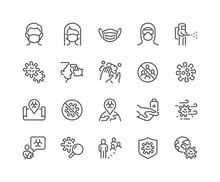 Simple Set Of Coronavirus COVID-19 Safety Related Vector Line Icons. Contains Such Icons As Washing Hands, Outbreak Map, Man And Woman Wearing Face Mask And More. Editable Stroke. 48x48 Pixel Perfect.