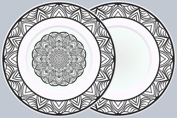 Set of two Decorative Ornament With Mandala and round frame. Home Decor Background. Illustration. For Coloring Book, Greeting Card, Invitation, Tattoo. Anti-Stress Therapy Pattern. Vector