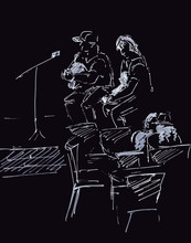 Graphic White On Black Drawing Musicians In A Street Cafe