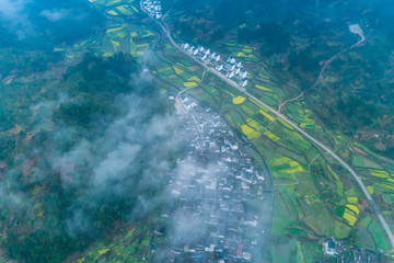 Wall Mural -  Rapeseed flower in spring in the ancient village in cloud and fog, Hongguan Village, Wuyuan, Jiangxi 