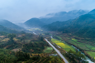 Wall Mural -  Rapeseed flower in spring in the ancient village in cloud and fog, Hongguan Village, Wuyuan, Jiangxi 