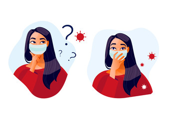 Wall Mural - 2019-ncov quarantine. Set of two sad women in protective mask . Thinking girl. Doubts, problems, thoughts, emotions. Curious woman questioning, question mark. Vector illustration. Coronavirus panic. 