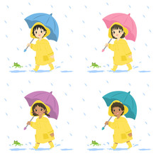 Cute Little Kids Wearing Yellow Raincoat And Holding An Umbrella Walking Under The Rain, With A Jumping Frog In Front Of Them. Children In Yellow Raincoat Vector Set.