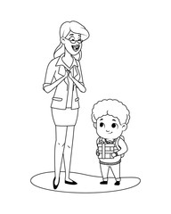 Sticker - cute little boy with teacher giving gift