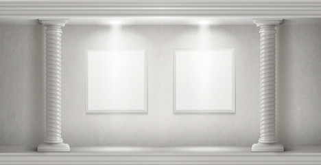 Museum interior in antique castle with blank paintings frames illuminated by spotlights. Vector realistic empty gallery room with white marble twisted columns