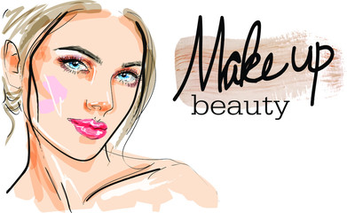 Stylish art sketch.  Hand drawn glamour young woman face makeup with beautiful eyes vector. fashion illustration for design. Beautiful face. Fashion makeup. The concept of personal care.