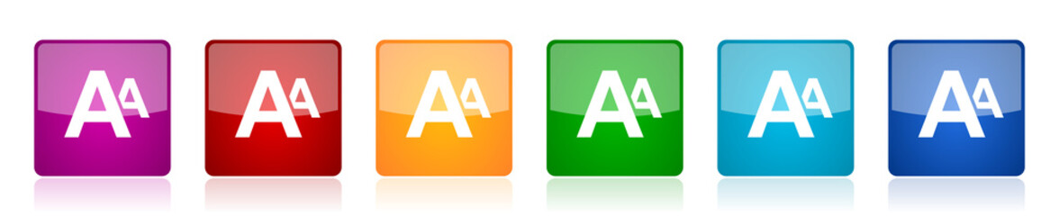 Leinwandbilder - Alphabet icon set, colorful square glossy vector illustrations in 6 options for web design and mobile applications