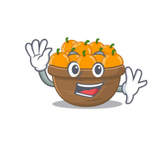 Sticker - Smiley orange fruit basket cartoon mascot design with waving hand