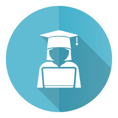 Aufkleber - Student with laptop blue round flat design vector icon isolated on white background, computer, education illustration in eps 10