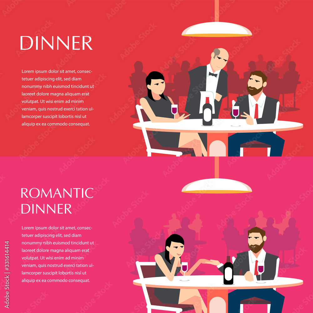 Romantic couple is having a Dinner Date copy space set, vector flat ...