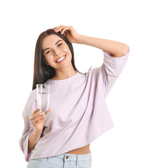 Sticker - Beautiful young woman with glass of water on white background