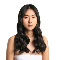 Sticker - Young Asian woman with beautiful long hair on white background