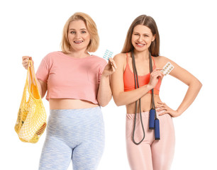 Sticker - Women with weight loss pills, jumping rope and products on white background