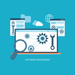 Software development and programming, program code on laptop screen, big data processing