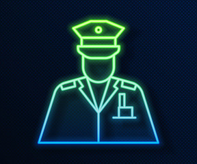 Wall Mural - Glowing neon line Police officer icon isolated on blue background. Vector Illustration