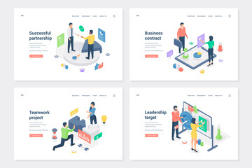 Business success basics isometric landing page templates set