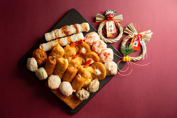 Wall Mural - Japanese fish cake with New Year ornament, translation on ornament means coming new year